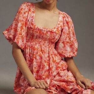 NWOT By Anthropologie Short-Sleeve Smocked Babydoll Midi Dress